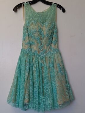 Vintage Aqua Lace Embellished Fit-and-Flare Dress